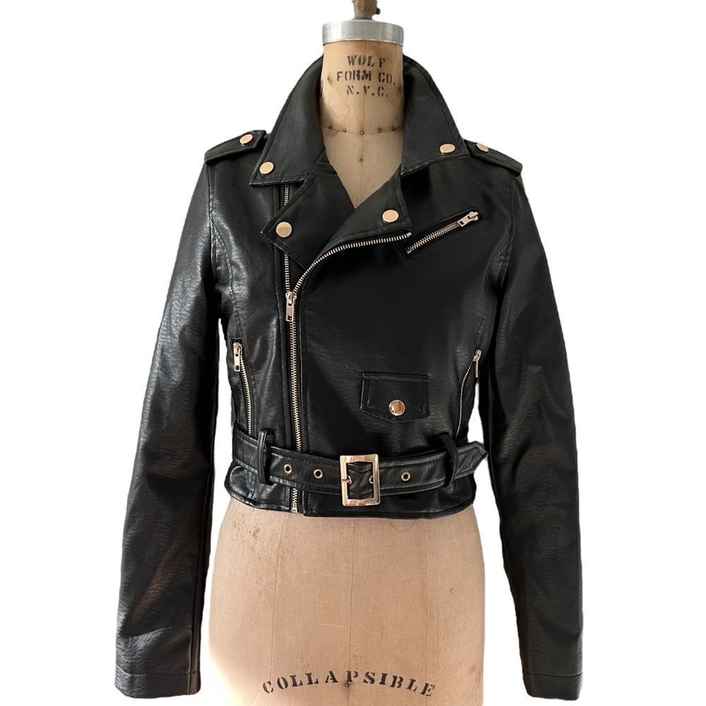 Black Faux Leather Biker Jacket with Belt 
Size S